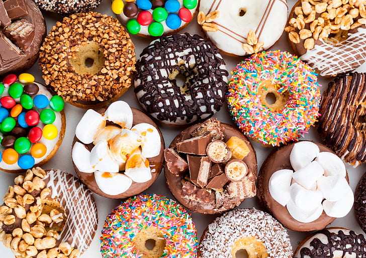 chocolate, candy, sweets, donuts, nuts, cakes, marshmallows, HD wallpaper