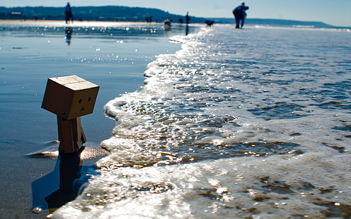 กล่อง Amazon Danbo, Danboard, ชายฝั่ง, ชายหาด, หุ่นยนต์กระดาษแข็ง, วอลล์เปเปอร์ HD HD wallpaper