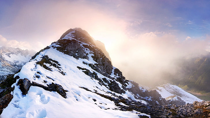 bukit gunung hitam dan putih, lanskap, pegunungan, musim dingin, alam, Wallpaper HD