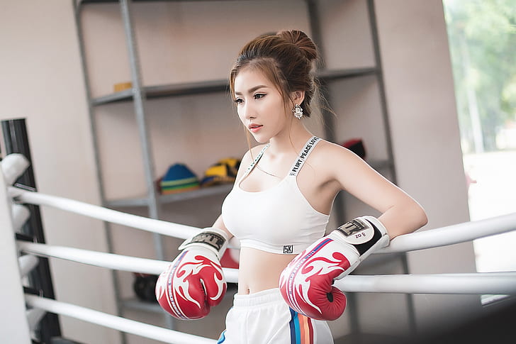 Азиатски, боксови ръкавици, жени, модел, HD тапет