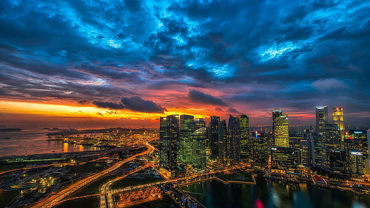 stadsbild, stadsljus, himmel, stad, metropol, skyline, singapore, landmärke, asien, solnedgång, skyskrapa, skymning, storstadsområde, HD tapet