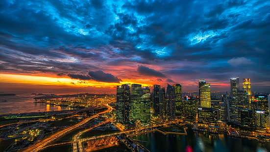 cityscape, city lights, sky, city, metropolis, skyline, singapore, landmark, asia, sunset, skyscraper, dusk, metropolitan area, HD wallpaper HD wallpaper