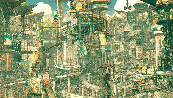 fantasy city, animation, artwork, cityscape, fantasy art, Tekkon Kinkreet, anime, Imperial Boy, HD wallpaper