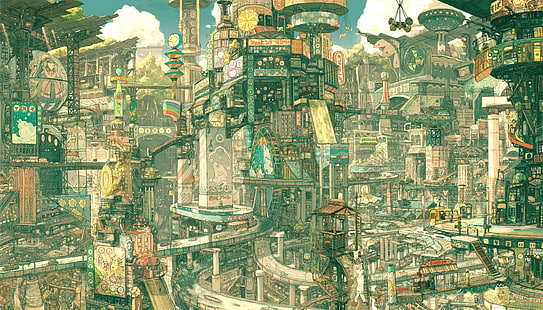 fantasy city, animation, artwork, cityscape, fantasy art, Tekkon Kinkreet, anime, Imperial Boy, HD wallpaper HD wallpaper