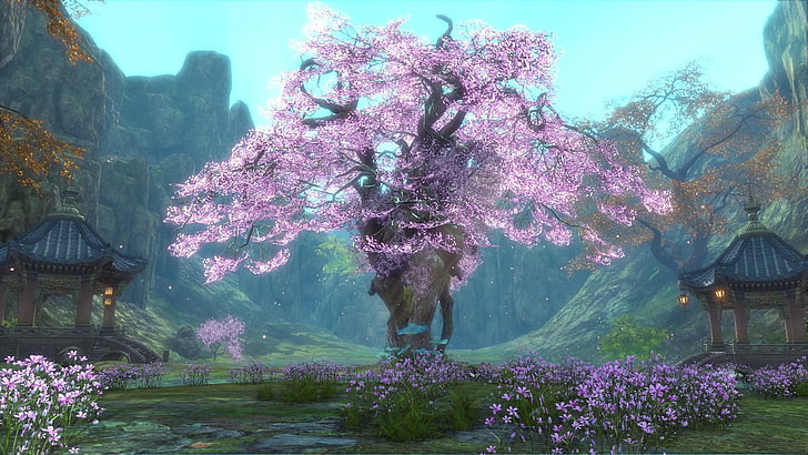 cherry blossoms tree drawing illustration, PC gaming, Blade & Soul, screen shot, HD wallpaper