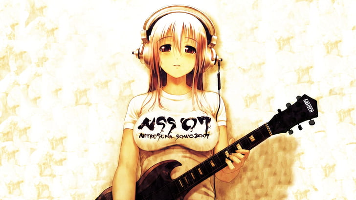 blondiner hörlurar flicka gitarrer nitroplus super sonico soniko animeflickor 1920x1080 Videospel Sonic HD Art, blondiner, hörlurar flicka, HD tapet