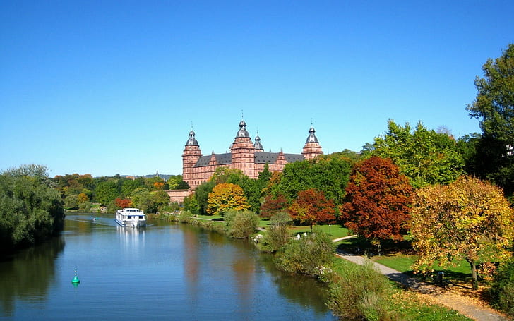 Germany, Bavaria, Aschaffenburg, City, River, Ship, Road, Castle, Trees, HD wallpaper