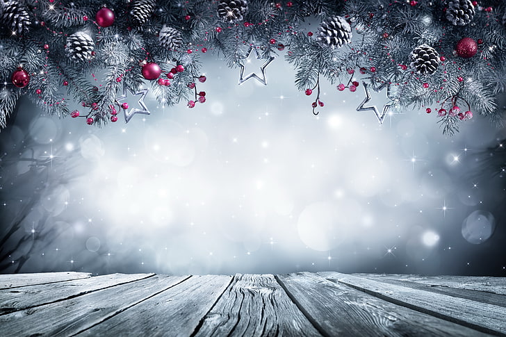 papel de parede de pinhas marrom e enfeites vermelhos, ano novo, natal, bolas, inverno, neve, feliz natal, presente, decoração, árvore de abeto, HD papel de parede