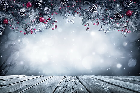 pomme de pin brune et papier peint boules rouges, Nouvel An, Noël, boules, hiver, neige, joyeux Noël, cadeau, décoration, Noël, sapin, Fond d'écran HD HD wallpaper