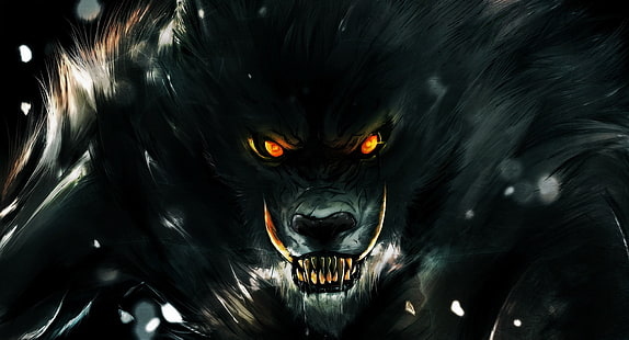 lupo nero illustrazione, occhi, sguardo, oscurità, lupo, denti, rabbia, sorriso, lupo mannaro, Sfondo HD HD wallpaper