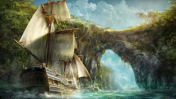 malowanie biało-brązowych łodzi żaglowych, fantasy art, statek, przyroda, żaglowiec, Tapety HD