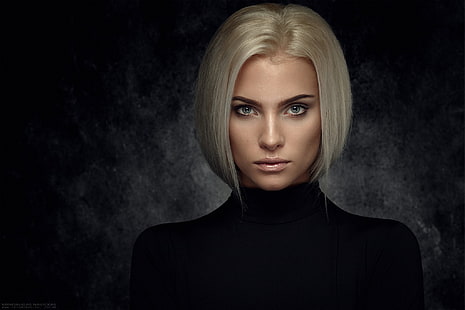 женский черный свитер, лицо, портрет, блондинка, HD обои HD wallpaper