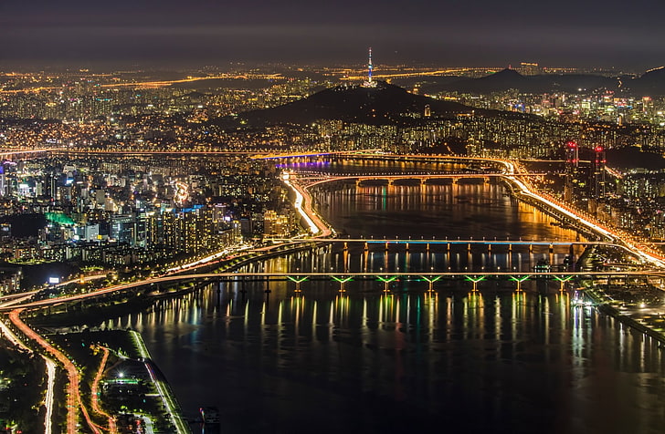 Градове, Сеул, Мост, Град, Градски пейзаж, Светлина, Нощ, Река, Южна Корея, HD тапет