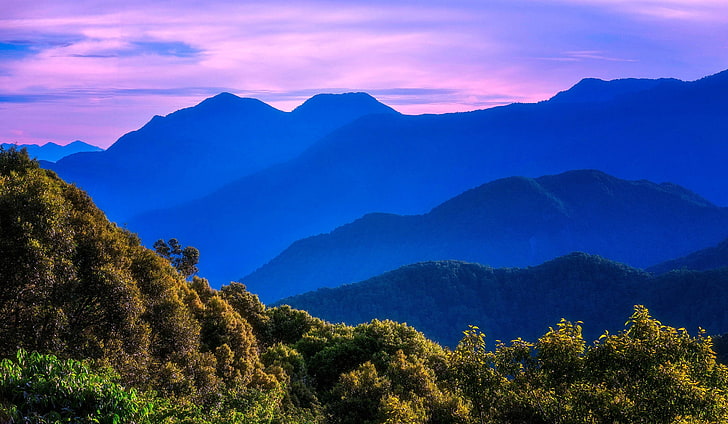 blue, sky, purple, nature, mountains, landscape, HD wallpaper
