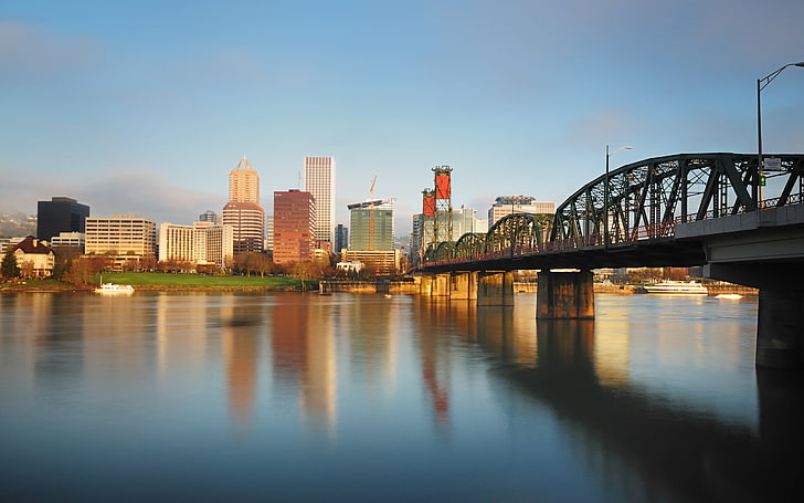 Puente de hormigón gris, Portland, EE.UU., puente, río, ciudad, paisaje urbano, Fondo de pantalla HD
