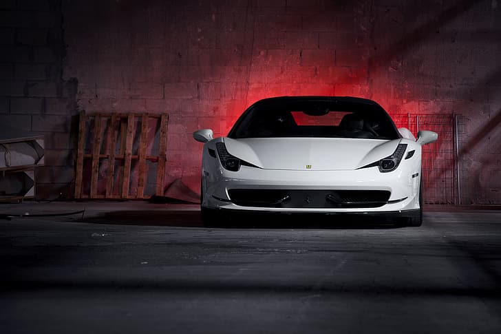 putih, malam, Ferrari, tampilan depan, Italia, 458 italia, lampu depan, Wallpaper HD