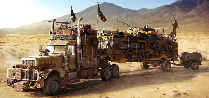 camion brun art numérique, véhicule, art numérique, oeuvre, apocalyptique, Mad Max, camions, Mad Max: Fury Road, Fond d'écran HD