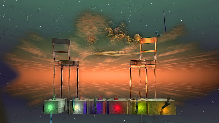 dwa brązowe stalowe krzesła, fantasy art, Tapety HD