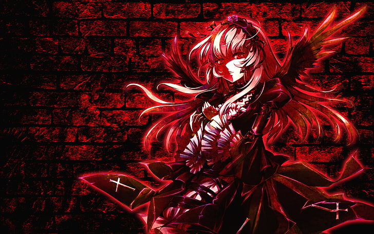 garota de cabelo vermelho anime com asas, anime, meninas de anime, Rozen Maiden, Suigintou, vermelho, escuro, HD papel de parede