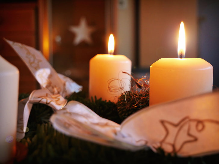 two white pillar candles, candles, christmas, new year, HD wallpaper