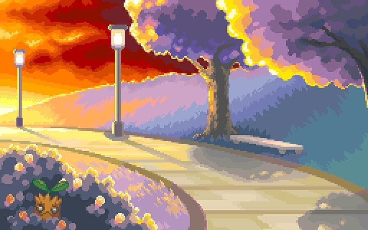 Pixelkunst des Weges mit Laternenpfählen, Pokémon, Videospielen, Pixeln, Kunstwerken, HD-Hintergrundbild