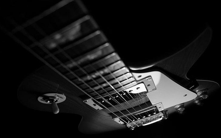 black telecaster electric guitar, guitar, monochrome, musical instrument, HD wallpaper