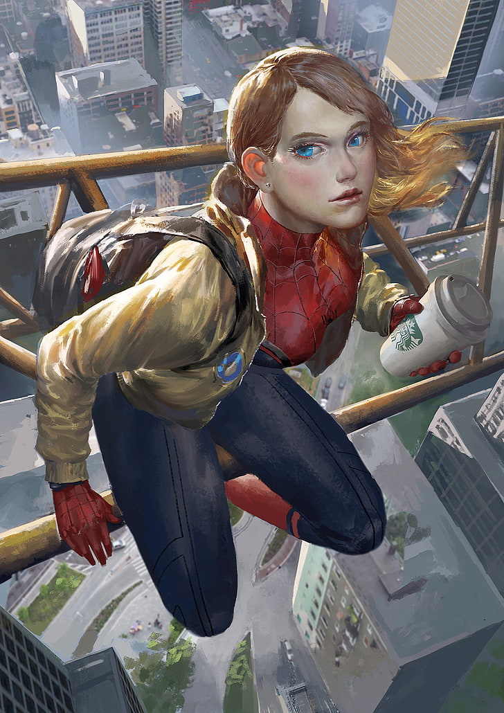 Spider Gwen Malerei, Fantasy-Kunst, Spiderwoman, Spider-Man, Starbucks, HD-Hintergrundbild, Handy-Hintergrundbild