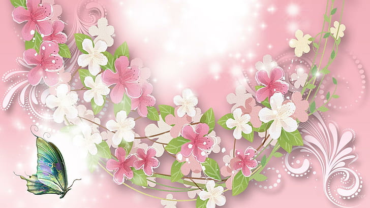 Feminino em rosa, floral, branco, borboleta, rosa, flores, redemoinhos, flora, resumo, persona, 3d e abstrato, HD papel de parede