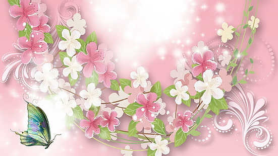 Feminin in den Rosa, Blumen, Weiß, Schmetterling, Rosa, Blumen, Strudel, Flora, Zusammenfassung, Person, 3d und Zusammenfassung, HD-Hintergrundbild HD wallpaper