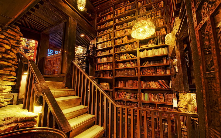 library, stairs, books, lights, interior, HD wallpaper