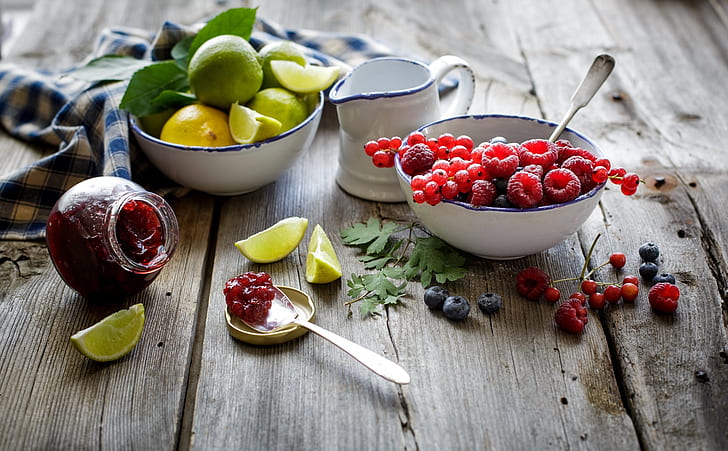 berries, raspberry, lemon, blueberries, spoon, lime, fruit, red, citrus, currants, jam, jar, HD wallpaper