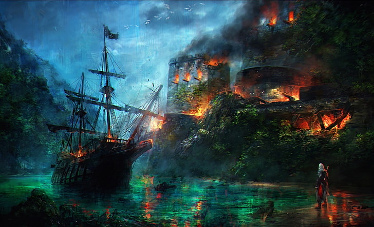 Assassins Creed IV oeuvre drapeau noir, papier peint bateau pirate, jeux, Assassin's Creed, bateau, château, oeuvre d'art, feu, assassins creed, drapeau noir, Fond d'écran HD