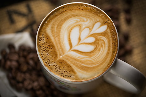 Cappuccino kaffe, cappuccino, kaffe, skum, mönster, dryck, kopp, mugg, vit, spannmål, HD tapet HD wallpaper