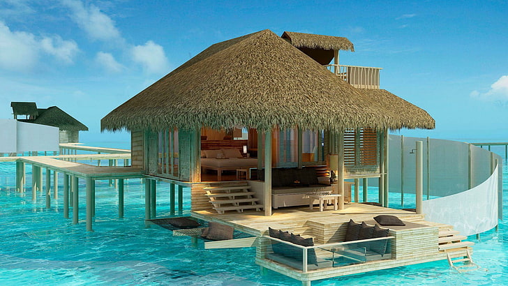 bungalow, resort, vacation, hut, overwater, leisure, exotic, olhuveli island, maldives, sea, tropics, villa, ocean, arabian sea, indian ocean, HD wallpaper