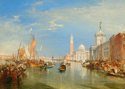 båtar på vattnet målning, hav, hem, bild, båtar, Venedig, det urbana landskapet, William Turner, Dogano och Santa Maria della Salute, HD tapet HD wallpaper