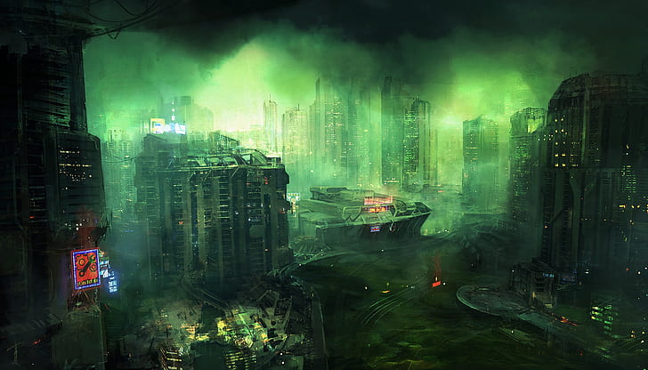 the city, smoke, building, Outskirts Skynomads, Cesar Sampedro, HD wallpaper