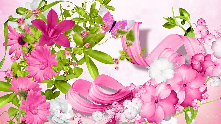 Flowers So Pink, firefox persona, feminine, bows, ribbon, floral, butterfly, pink, flowers, spring, summer, 3d and abstr, HD wallpaper