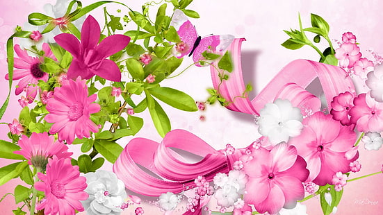 Flowers So Pink, persona do firefox, feminino, arcos, fita, floral, borboleta, rosa, flores, primavera, verão, 3d e resumo, HD papel de parede HD wallpaper