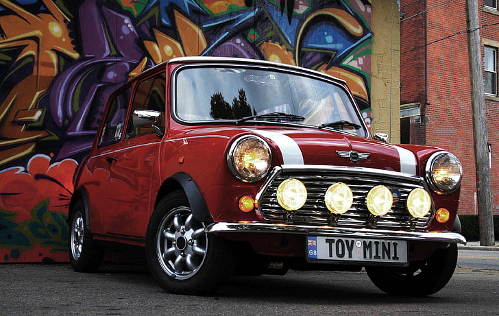 red and white Mini Cooper 5-door hatchback, Auto, Mini, Wheel, Machine, Graffiti, Lights, Mini Cooper, HD wallpaper