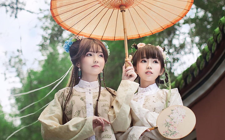 Hanfu, vestido chinês, asiático, guarda-chuva, mulheres, HD papel de parede