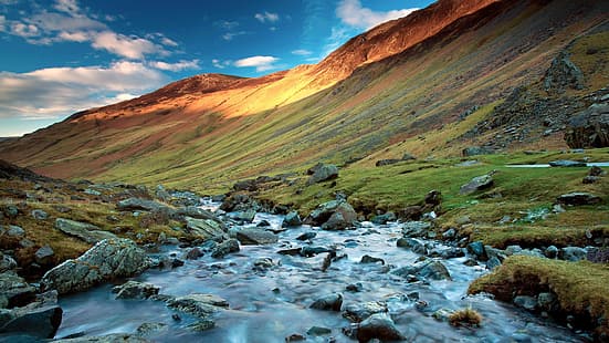 природа, пейзаж, скали, небе, вода, облаци, планини, трева, Lake District, Англия, Великобритания, HD тапет HD wallpaper