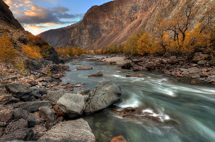 graue Felsen, Herbst, Fluss, Oktober, Altai, HD-Hintergrundbild