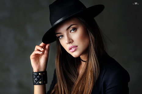 women, portrait, face, hat, brunette, brown eyes, millinery, looking at viewer, long hair, straight hair, painted nails, simple background, pink lipstick, glamour women, Dmitry Arhar, black clothing, black hat, women with hats, glamour, Ksenia, Anastasia Barmina, HD wallpaper HD wallpaper