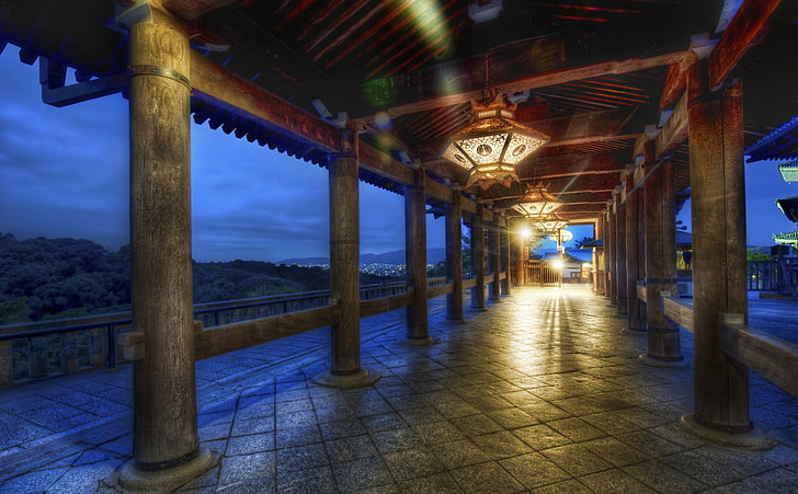 Kioto en la noche, Japón, vía de hormigón gris, Asia, Japón, Noche, Templo, Kyoto, lámparas, Fondo de pantalla HD
