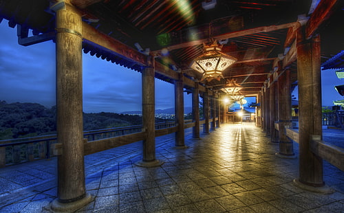 Kyoto At Night, Japan, gray concrete pathway, Asia, Japan, Night, Temple, kyoto, lamps, HD wallpaper HD wallpaper
