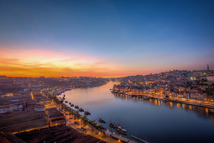 bridge, the city, lights, river, dawn, Portugal, Porto, HD wallpaper