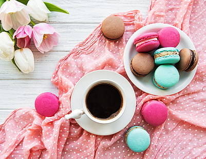 Speisen, Kaffee, Tasse, Macaron, Stillleben, Süßigkeiten, HD-Hintergrundbild HD wallpaper