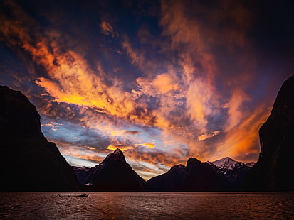 Milford Sound, Nuova Zelanda, tramonto, montagne, mare, nuvole, Milford, Nuova Zelanda, tramonto, montagne, mare, nuvole, Sfondo HD HD wallpaper