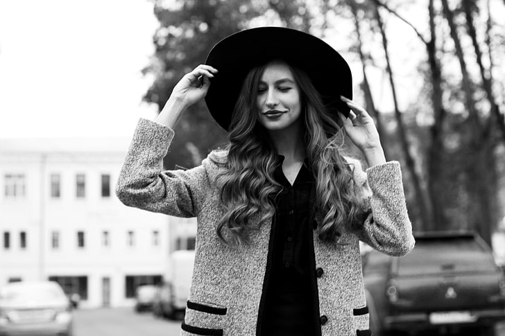 Vitaly Plyaskin, monochrome, hat, women, model, women outdoors, HD wallpaper