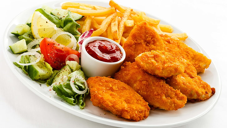 chicken fillet with fries and dip, fried chicken, French fries, ketchup, food, HD wallpaper